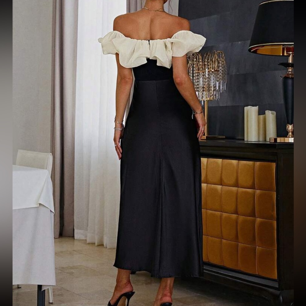 Off shoulder white ruffle black satin midi / maxi dress - Picture 2 of 4